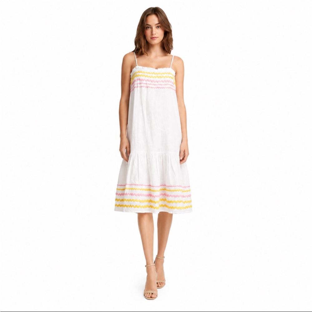 LISA MARIE FERNANDEZ White Linen Blend Yellow/Pink Ric Rac Trim Sundress Sz L💥🆕💥